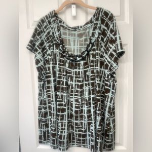 Apt. 9 Blue and Brown Short Sleeve Blouse w/ Brown Plastic Chain Detail at Neck